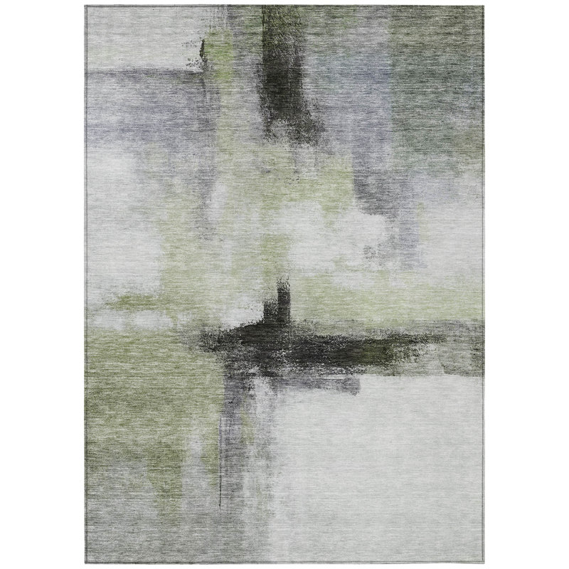 3' X 5' Sage Black And Gray Abstract Washable Indoor Outdoor Area Rug