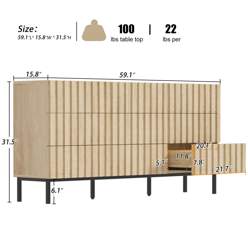 Commode double 9 tiroirs l 59,1 po, Ivoire