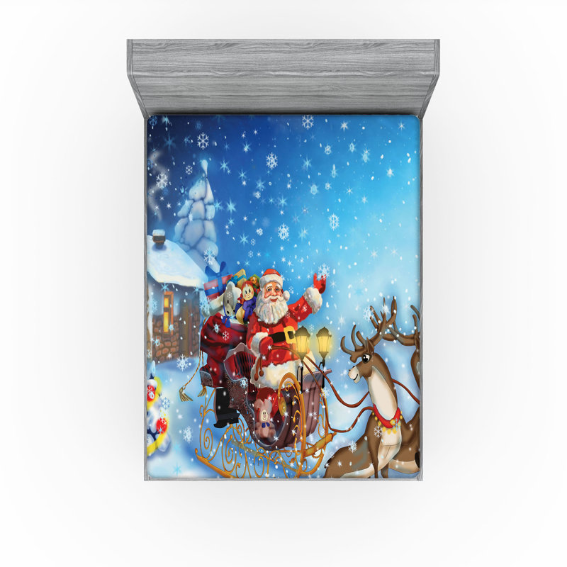 Ensemble de 2 draps-housse de père Noël en traîneau bleu marine Ambesonne, Drap-housse très grand californien