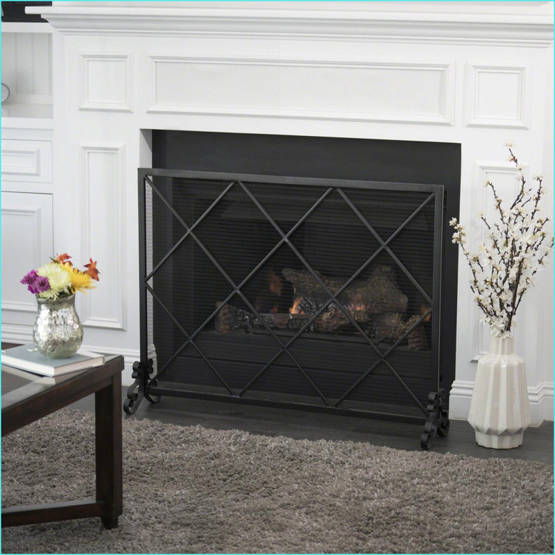 Fireplace Screens, Single Panel Iron Fire Screen with Diamond Design | Black | 41.5W x 32.1H