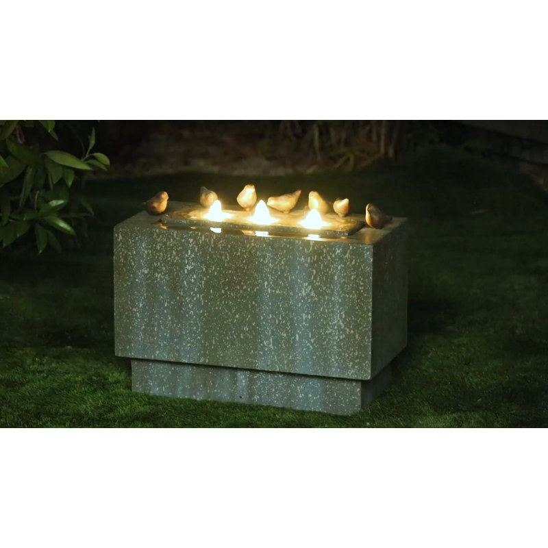 Gray and Green Resin Rectangular Outdoor Fountain with Bronze Birds