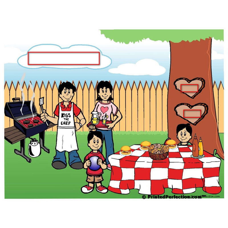 Personalized Name That Toon Family Backyard Barbeque 2 boys Rhinestone Bordered Key Chain, Yes