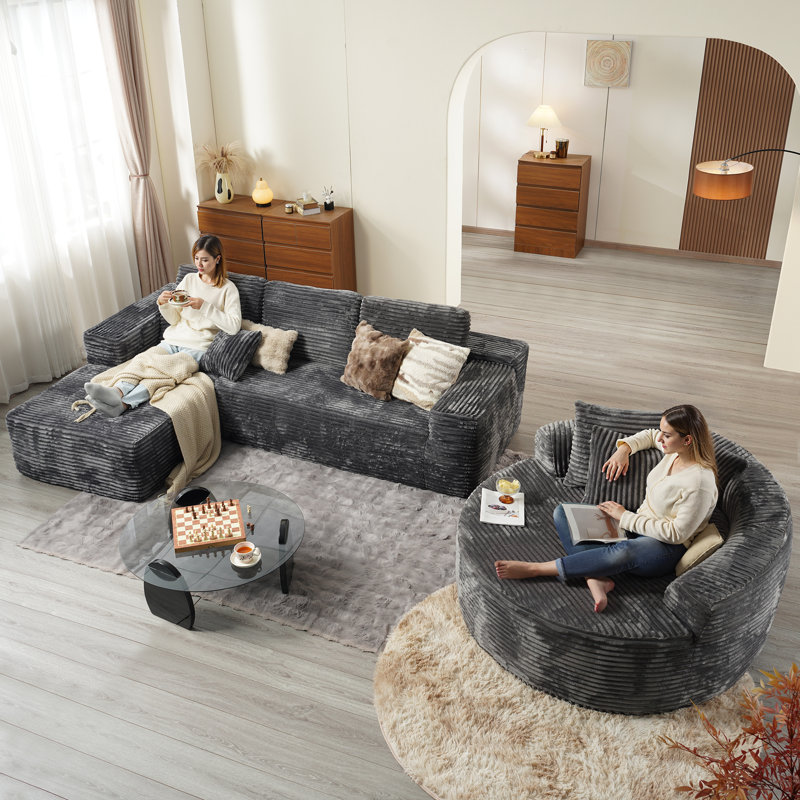 3-Piece No-Assembly Living Room Set, Modern Sectional Sofa With Loveseat And Chaise Lounge, Left Hand Facing, Gray Corduroy