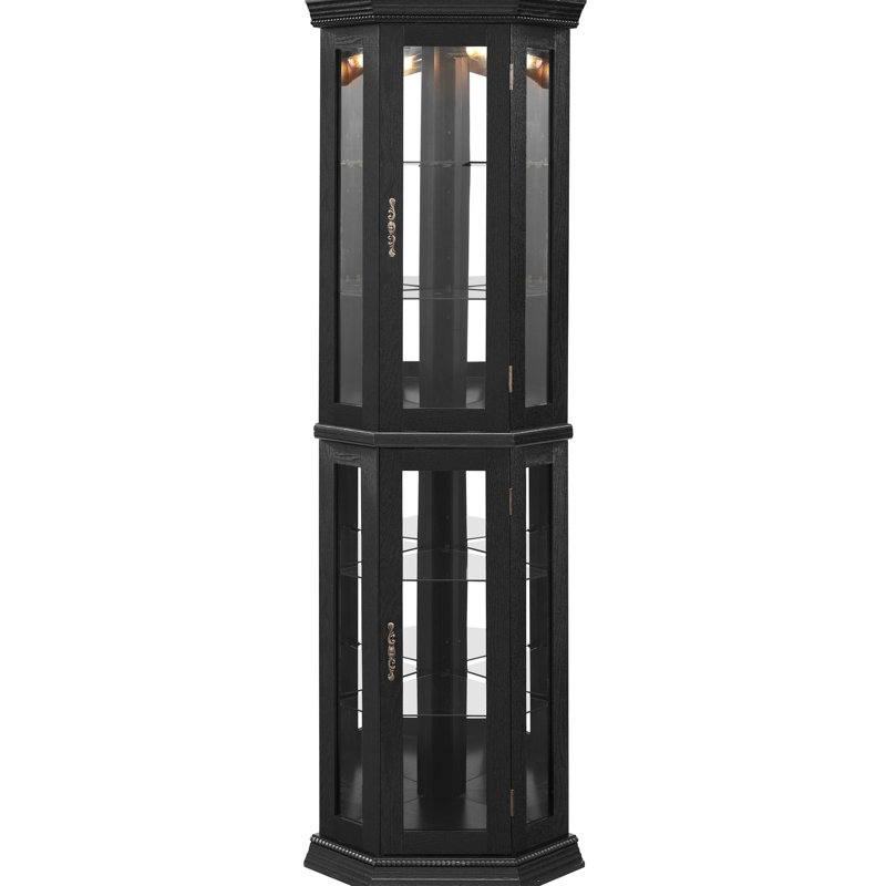 Armoire de coin lumineuse pour objets de collection avec 4 tablettes réglables en verre trempé, porte-outils à fixation latérale, panneau arrière en miroir et lueur ambiante