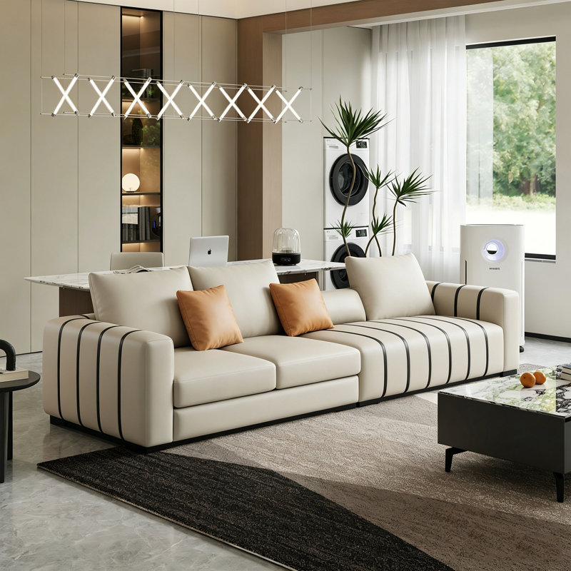 118'' Oversized  Modern 6-Seater Fuax Leather Sofa with Square Armrests, Luxury Upholstered Strip Accent Sofa Couch with Metal Legs for Living Room, Beige White and Black Strip