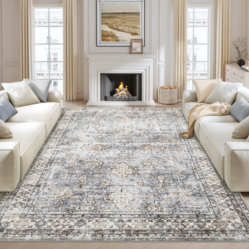 Vintage Machine Washable Rug for Living Room  Non Slip Non Shedding Floor Cover  Low Pile Carpet Foldable Floral Print Soft Mat for Nursery Bedroom Office