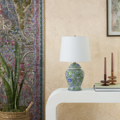 24" Green & Blue Floral Ginger-Jar Ceramic Traditional Table Lamp