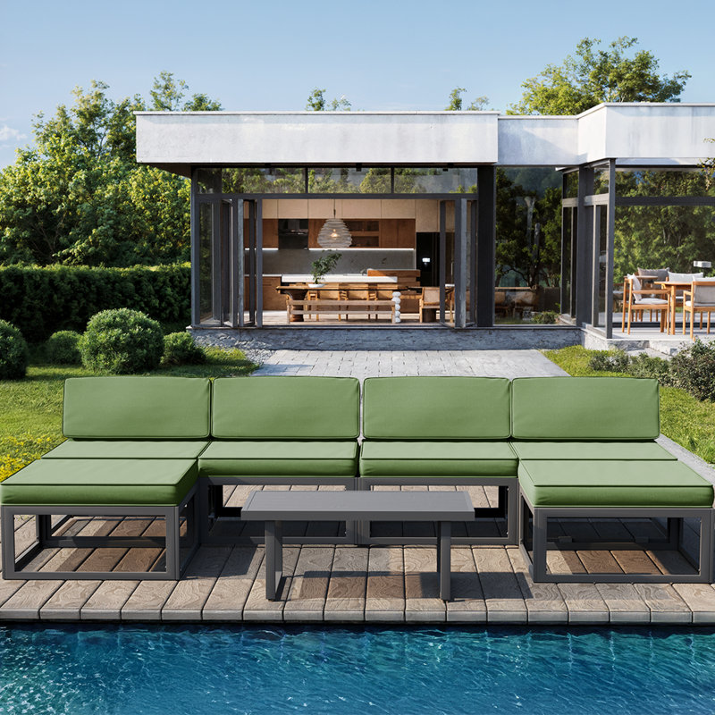 Outdoor Aluminum 6 - Person Sofa Seating Group, 4-Pieces Patio Conversation Set with Removable Cushions for Pool, Garden, Yard