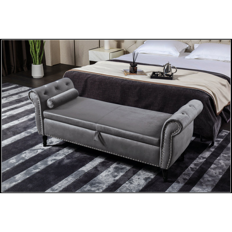 Bench with 1 Pillow, Velvet Multifunctional Storage Bench Rectangular Sofa Stool, Grey