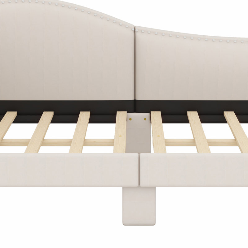 Structure de lit de jour classique rembourrée avec tête de lit, accoudoirs et pieds de soutien durables, Beige, Double
