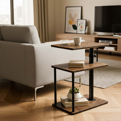 Table d'appoint pivotante à 360 ° en forme de C avec rangement, table de chevet à 3 niveaux et tablette ouverte, hauteur réglable, brun rustique