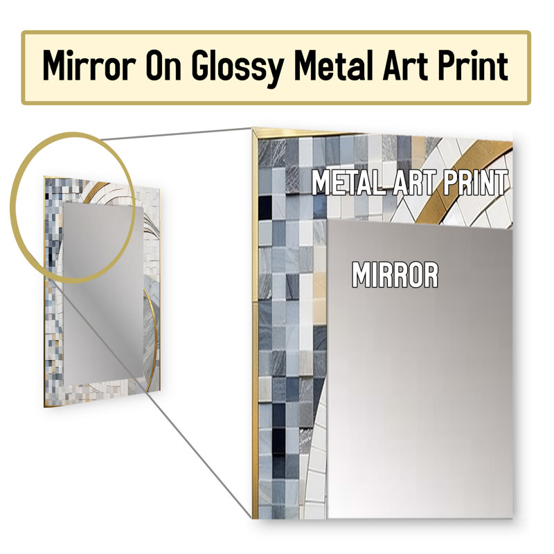 Grey and Yellow Mosaic II - Abstract Shapes Wall Mirror, Gray Decorative Mirror, Printed Metal Art, 32" x 24"