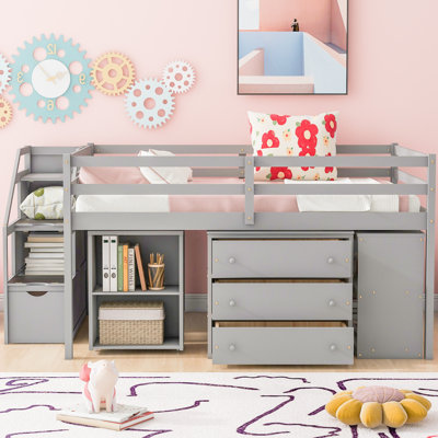 Full Size Loft Bed with Retractable Writing Desk and 3 Drawers, Wooden Loft Bed with Storage Stairs and Shelves