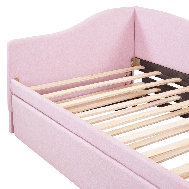 Upholstered L-Shaped Twin Size Daybed with Pop Up Trundle, Pink