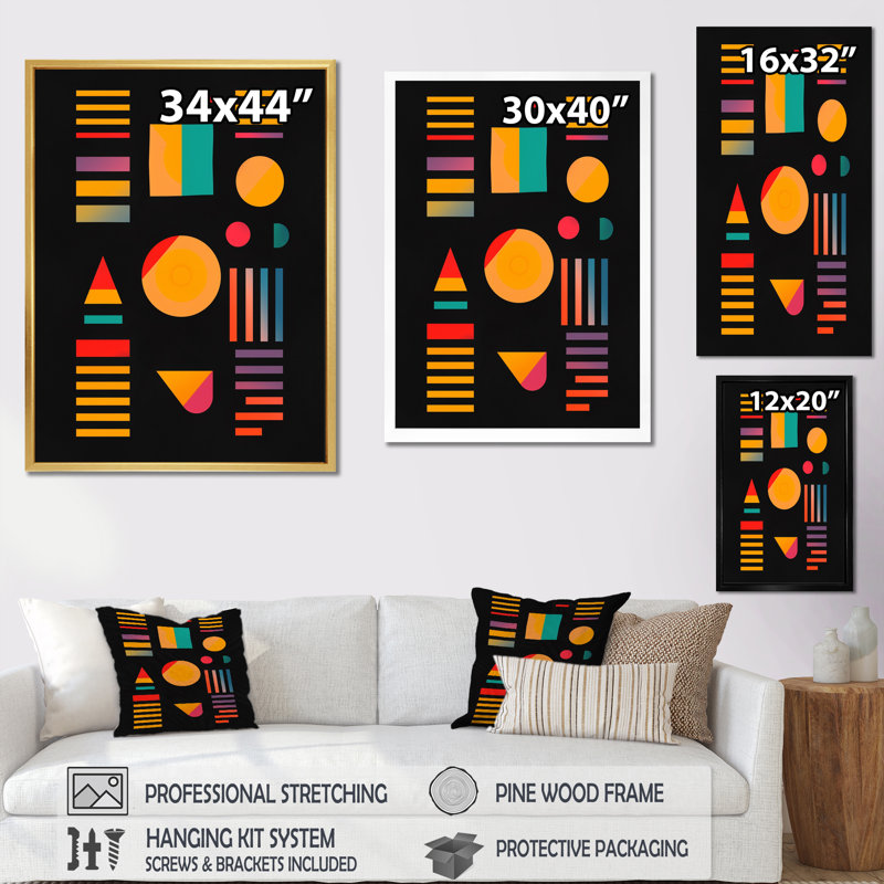 «Retro Geometric on Black I», reproduction sur toile, H 44 po x l 34 po x P 1,5 po, Cadre flottant blanc