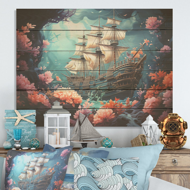 Pirate Boat Under Water Memory - Coastal Coral Under Water Wood Wall Art On Natural Pine Wood, 30" H x 40" W