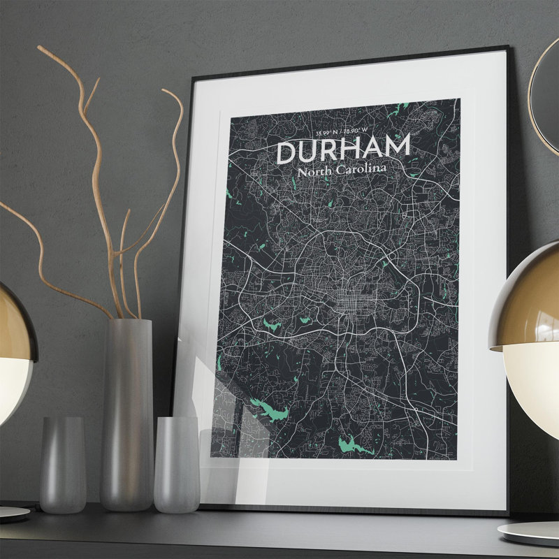 Durham City Map, impression, H 36 po x l 24 po, Vert/gris