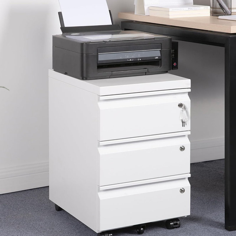 White 3-Drawer Mobile Filing Cabinet with Wheels for Home Office
