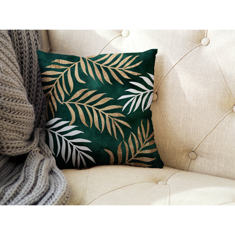 Coussin intérieur / extérieur Bobo Fern, L 15 po x H 15 po, Émeraude / or / blanc