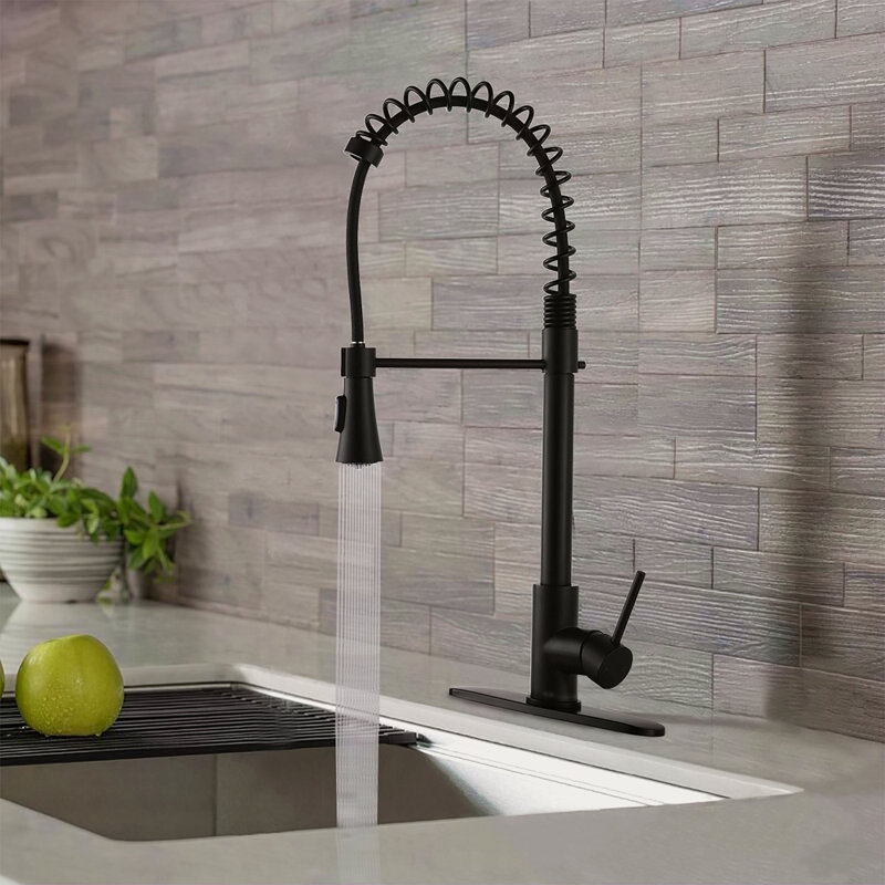 Commercial Modern Single Handle Spring High Arc Kitchen Faucet, Matte Black