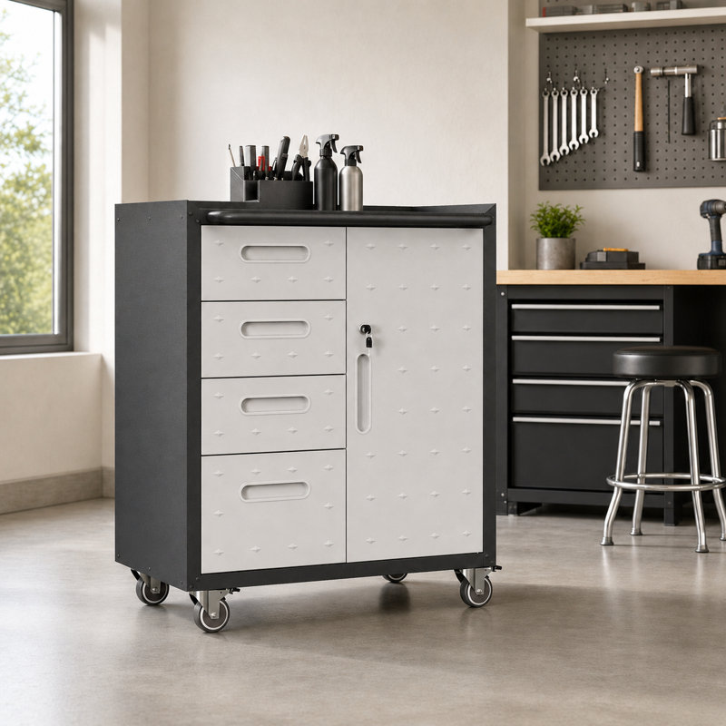 Armoire de rangement pour outils 34,65 "verrouillable en métal robuste avec roulettes, garage roulant et organisateur d'atelier avec tablette réglable, tiroirs divisés et clôture surélevée pour le bureau, la maison et l'industrie