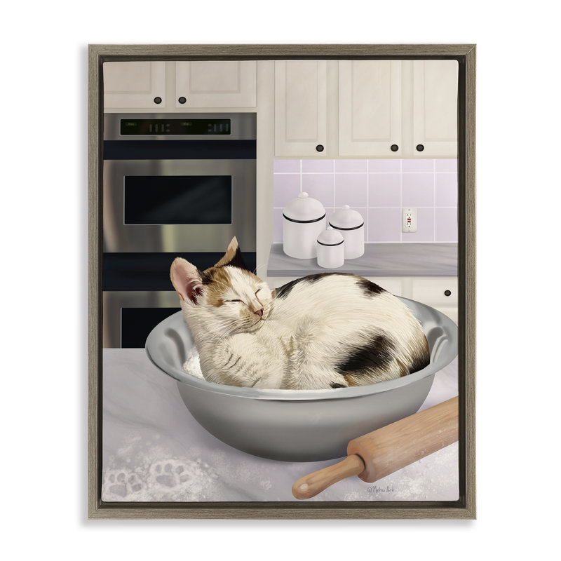 Cadre de chat qui dort dans un bol flottant, design par Mehu Art, H 21 po x l 17 po, Cadre flottant orme Montalcino