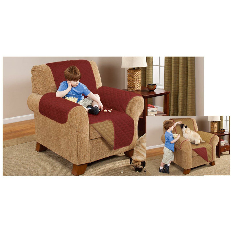 Polyester Box Cushion Sofa Slipcover, Burgundy/Brown
