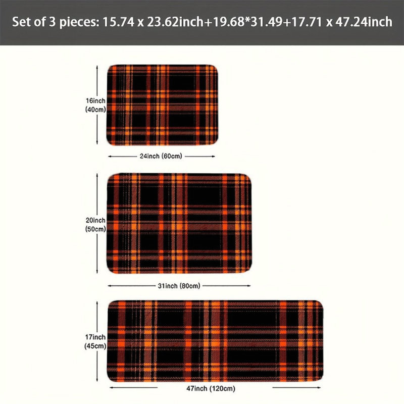 Ensemble de tapis de cuisine 3 pièces orange à carreaux noirs