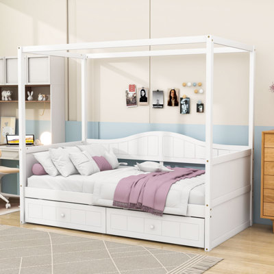 Twin Wooden Canopy Daybed with Built-In Backrest and Storage Drawers
