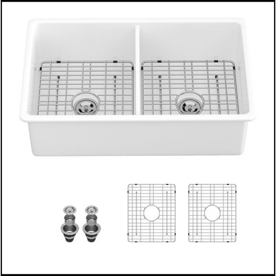 32" Undermount Double Bowl Ceramic Kitchen Sink - Dual Mount White Ceramic Rectangular Deep Double Bowl Sink Basin