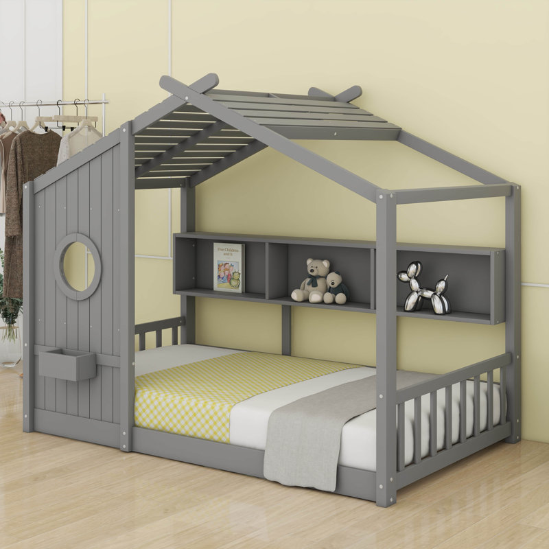 Lit sur pied Montessori, lit sur pied avec tablette de rangement pour tout-petit, lit de jeu avec toit, Gris, Lit simple