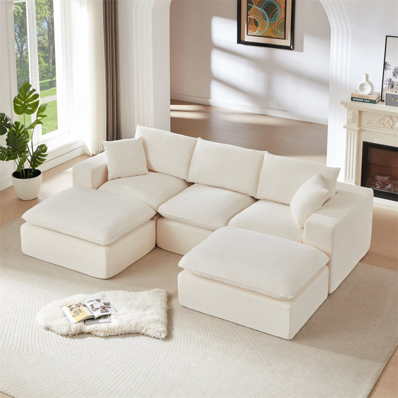 108.26" U-Shaped Sectional, White Chenille