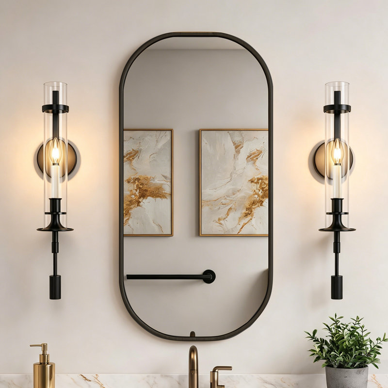 Applique murale 24 pouces à bras avec tube lumineux, Noir mat, Verre transparent