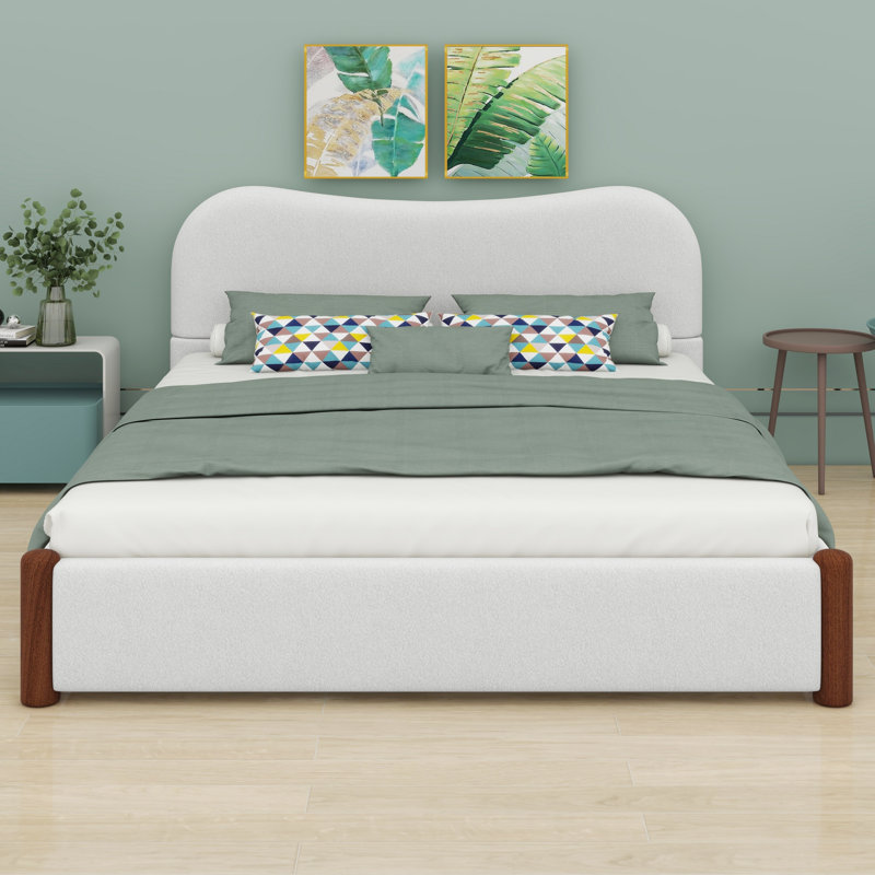 Lit plateforme tapissier à profil bas avec pieds en bois, Blanc, Grand lit