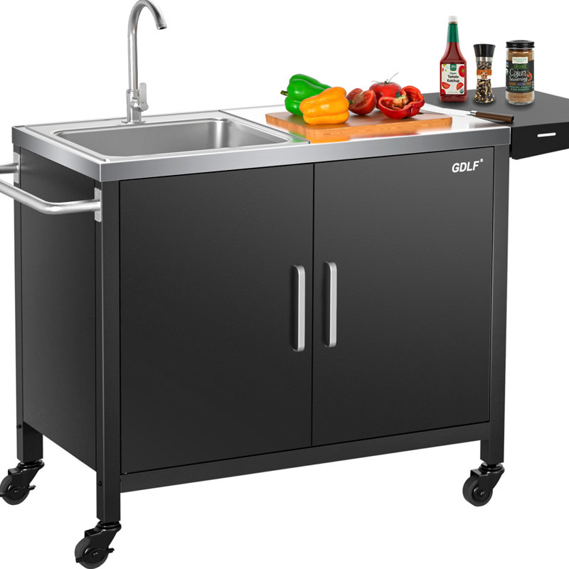 Black Metal Outdoor Grill Table with Stainless Steel Sink