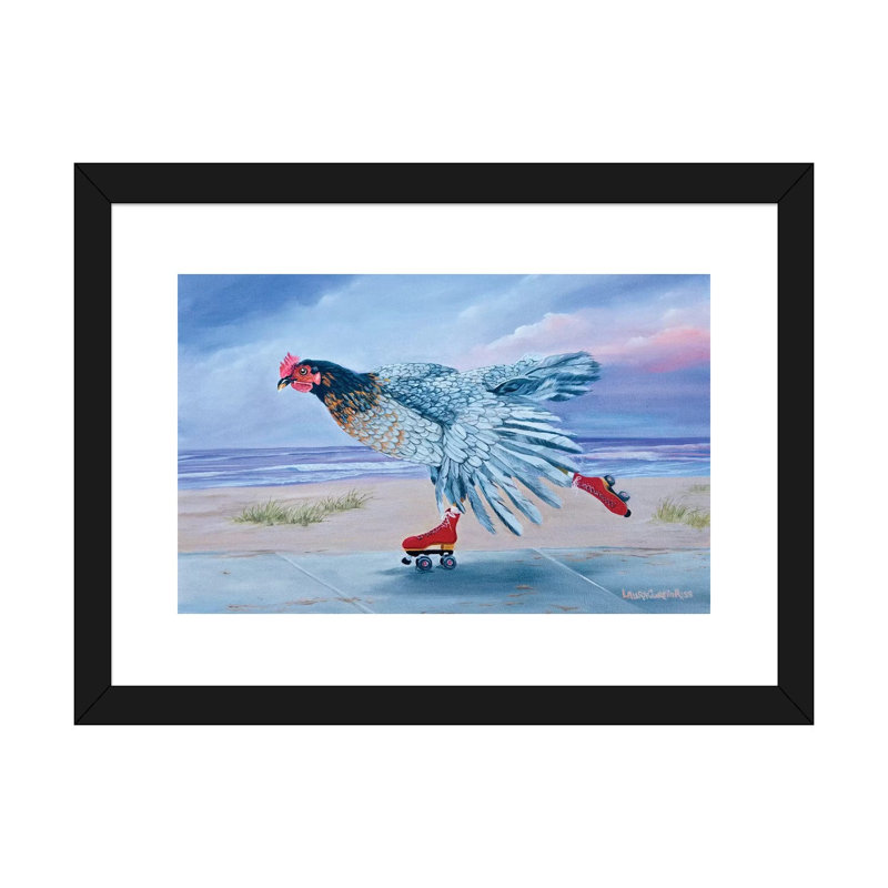 «Red Skates at the Beach» par Laura Curtin - reproduction d'art, H 16 po x l 24 po x P 1 po, Papier noir, Blanc