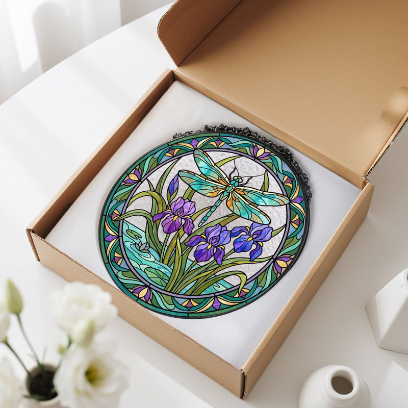 Dragonfly Iris Stained Glass Window Panel，7.8H, 7.8"H
