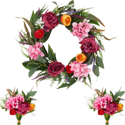Spring Wreath for Front Door with Matching Bouquets, Tulip & Peony Spring Floral Wreath on Natural Rattan Base, Summer Wreath for Front Door Outside, Farmhouse Spring Door Decorations