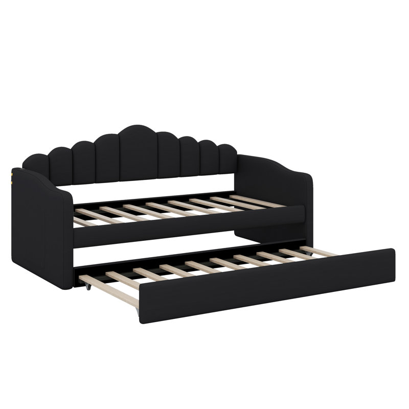 Lit de jour simple tapissier avec couchette, canapé-lit en velours avec ports USB, Noir, noir, noir, noir