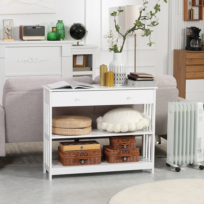 Console de couloir blanche, tiroir extra large et 2 tablettes, structure en lattes de bois à des fins décoratives, console de rangement supplémentaire avec large blanc, chic moderne