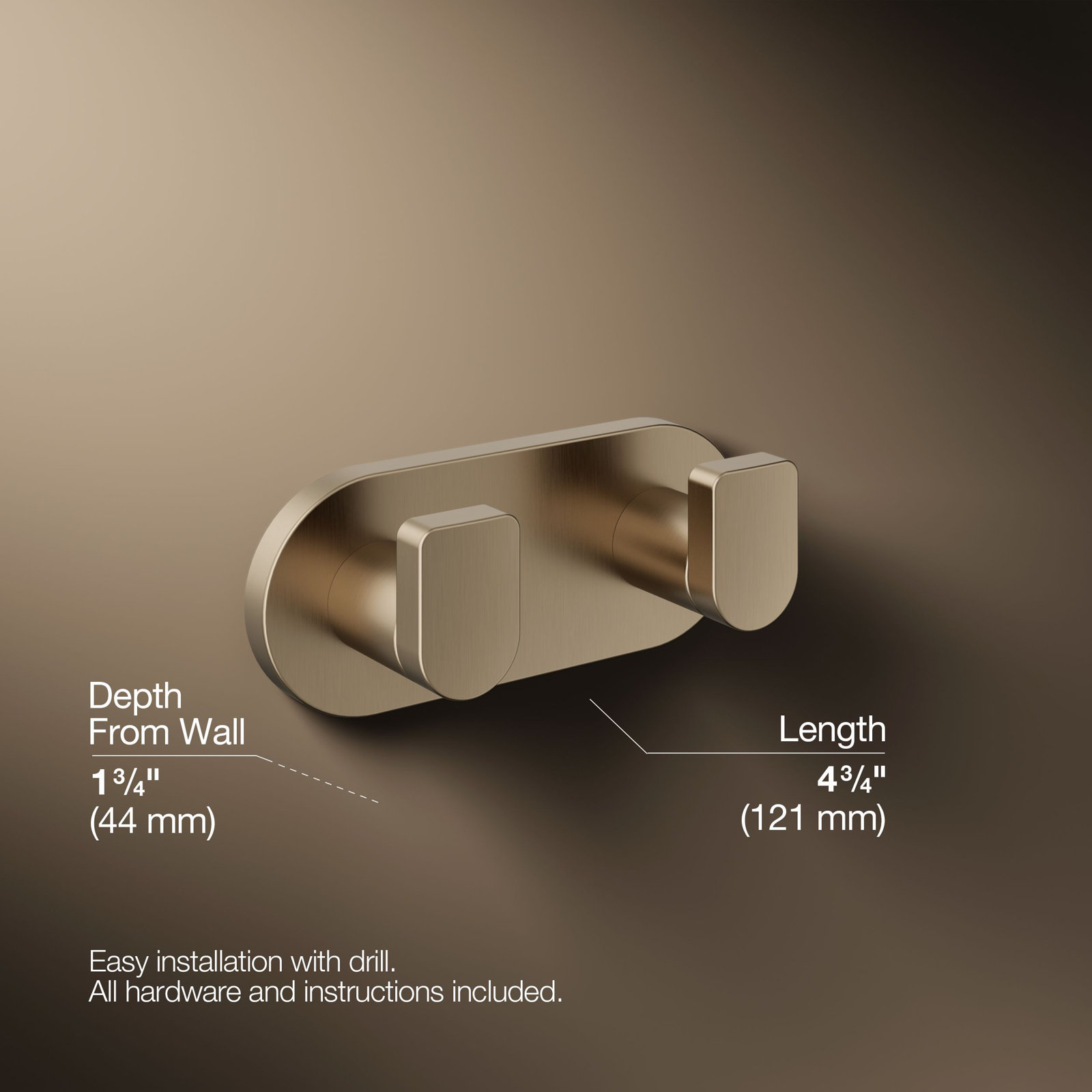 Composed Wall Mounted Double Robe Hook, Rose Gold