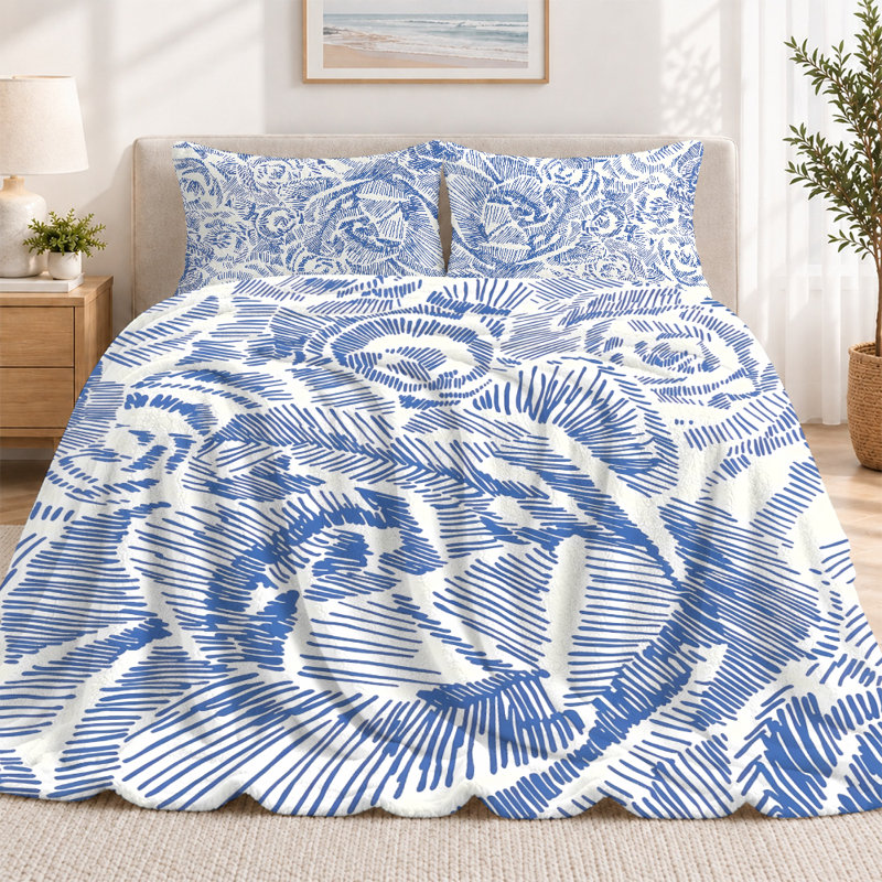Premium Flannel Lightweight Blanket & 2 Pillow Shams Set with Art Nouveau Blue Rose Line Art Motif, Ultra-Soft & Warm Cozy Bedding Set for All-Season, 60" x 80" Blanket + 2 Pillowcases Anti-Pilling & Machine Washable(Set of 3)