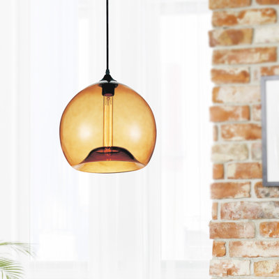 Glass Mini Pendant Light - Single Bulb Hanging Fixture with Minimalist Modern Round Amber Orange Shade, Adjustable Black Cord - Kitchen, Dining Room, Bar Lighting
