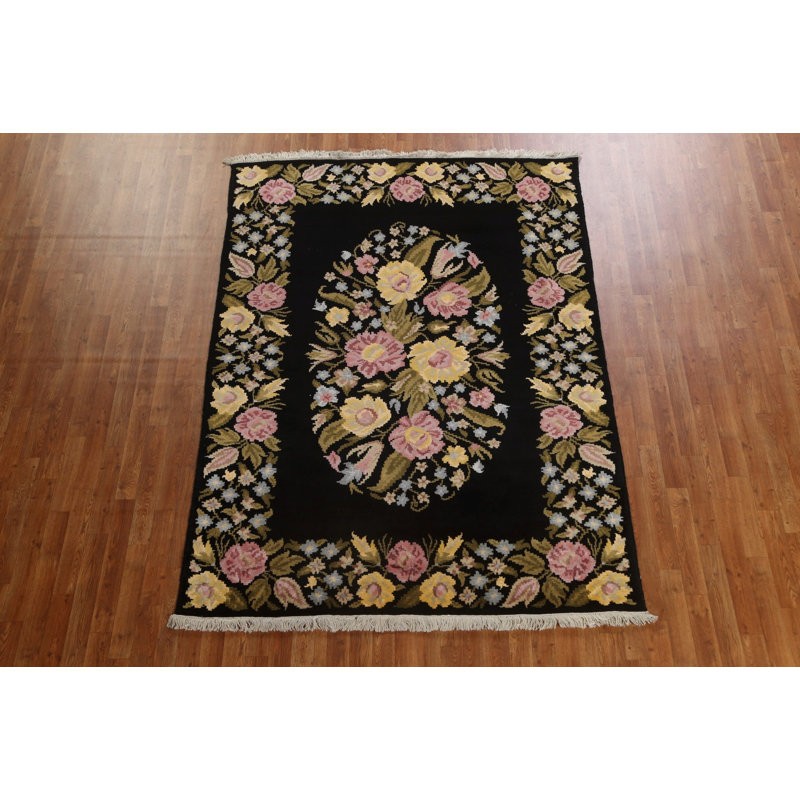 Tapis oriental en laine / soie à motif végétal noué à la main 5 pi 9 po x 8 pi Aubusson