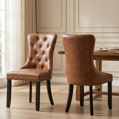 Upholstered Tufted Dining Chairs In Brown Faux Leather With Nailhead Trim, Set Of 2