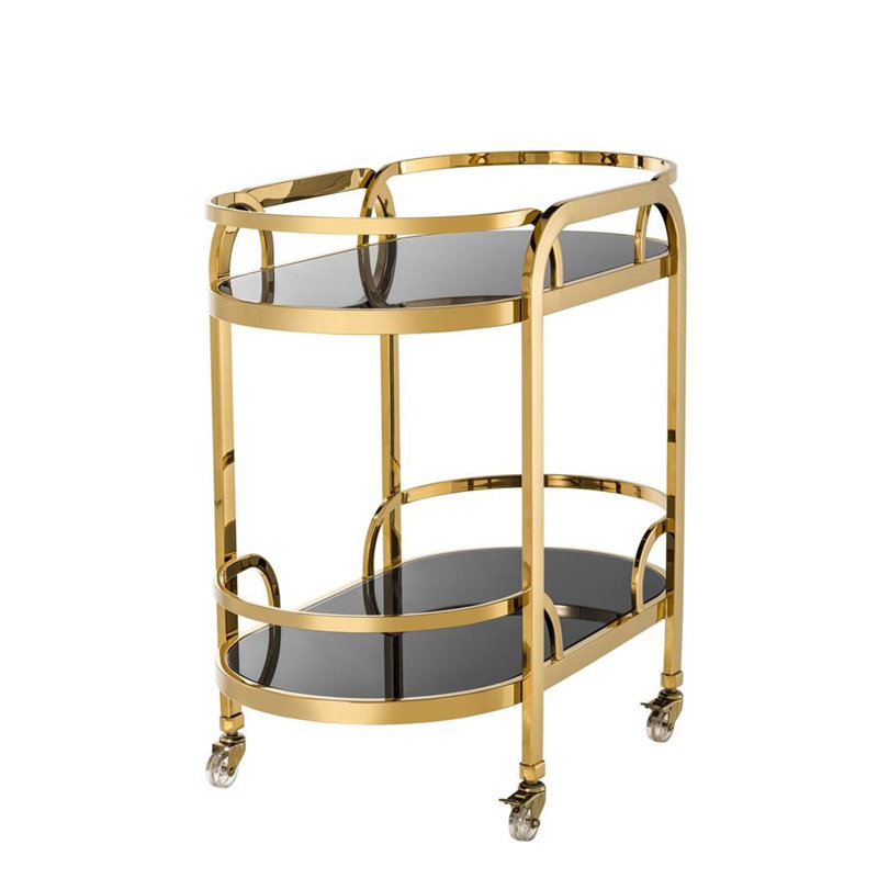 Gold Finish Oval Bar Cart with Black Glass Shelves
