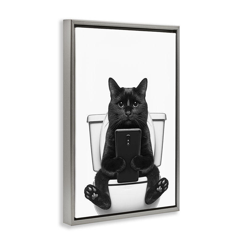 Chat textos sur toile de toilette flottante noire encadrée par Annalisa Latella, H 31 po x l 21 po