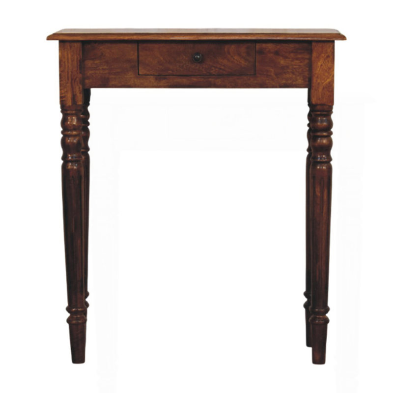 Console en bois massif, pieds tournés, 1 tiroir, châtaignier, brun