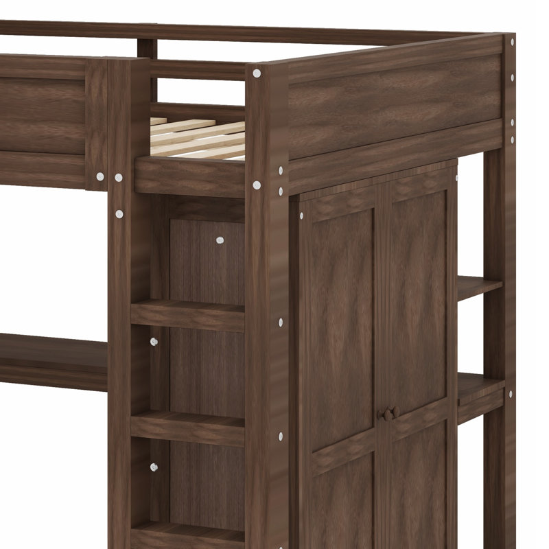 Lit mezzanine en bois peu encombrant avec garde-robe intégré, bureau et station de recharge USB, Brun