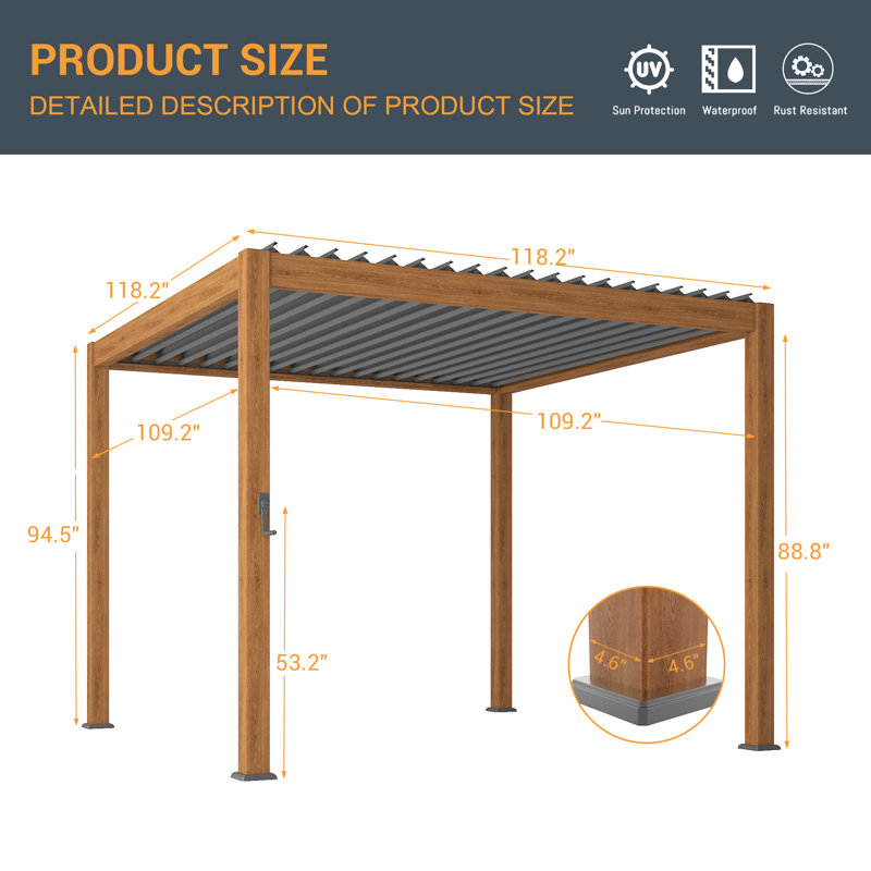 Aluminum Pergola with Louvered Canopy, Wood Texture, 10 Ft. x 10 Ft.	